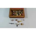 A Carved Indian Wooden Jewellery Box Containing Gents Tie Clips and Cufflinks, 20.5cm Wide