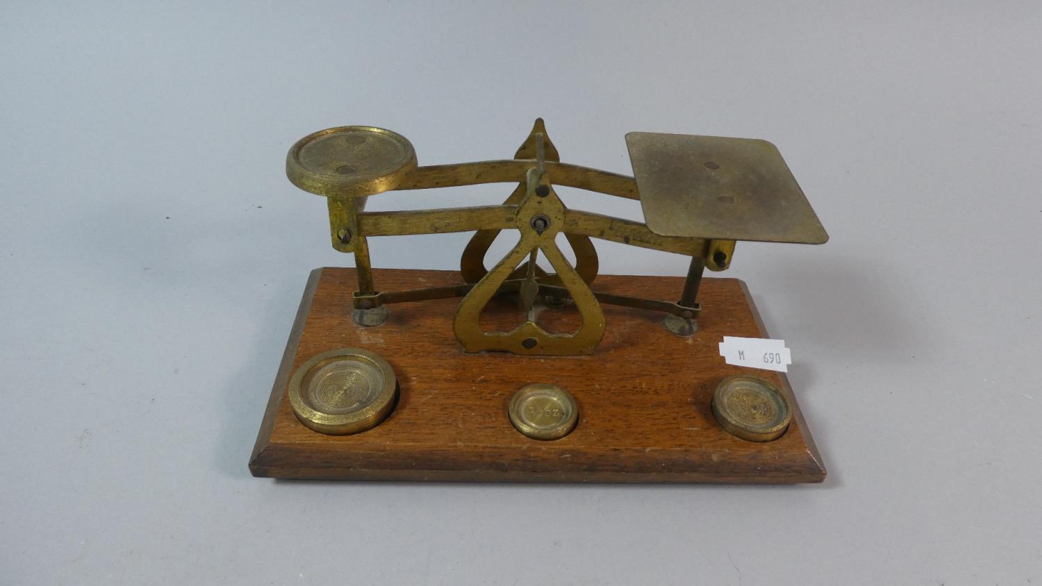 An Edwardian Set of Brass Postage Scales and Weights on Wooden Rectangular Plinth, 17.5cm Wide