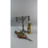 A Brass Miner's Safety Lamp, Brass Mounted Bellows and Sheffield Plate Three Branch Candelabra