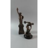 Two Bronze Effect Statues, Statue of Liberty 29cm High and Classical Athlete 16cm High