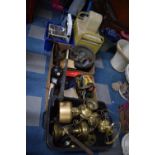 Four Boxes to Include Brass Oil Lamps, Metalwares, Lawn Bowls, Mincer, Hockey Stick, Polisher, Handy