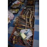 Five Boxes of Vintage Tools, Ranging Rod, Miniature Bicycle, Scythes, Saws, Workshop Tools etc