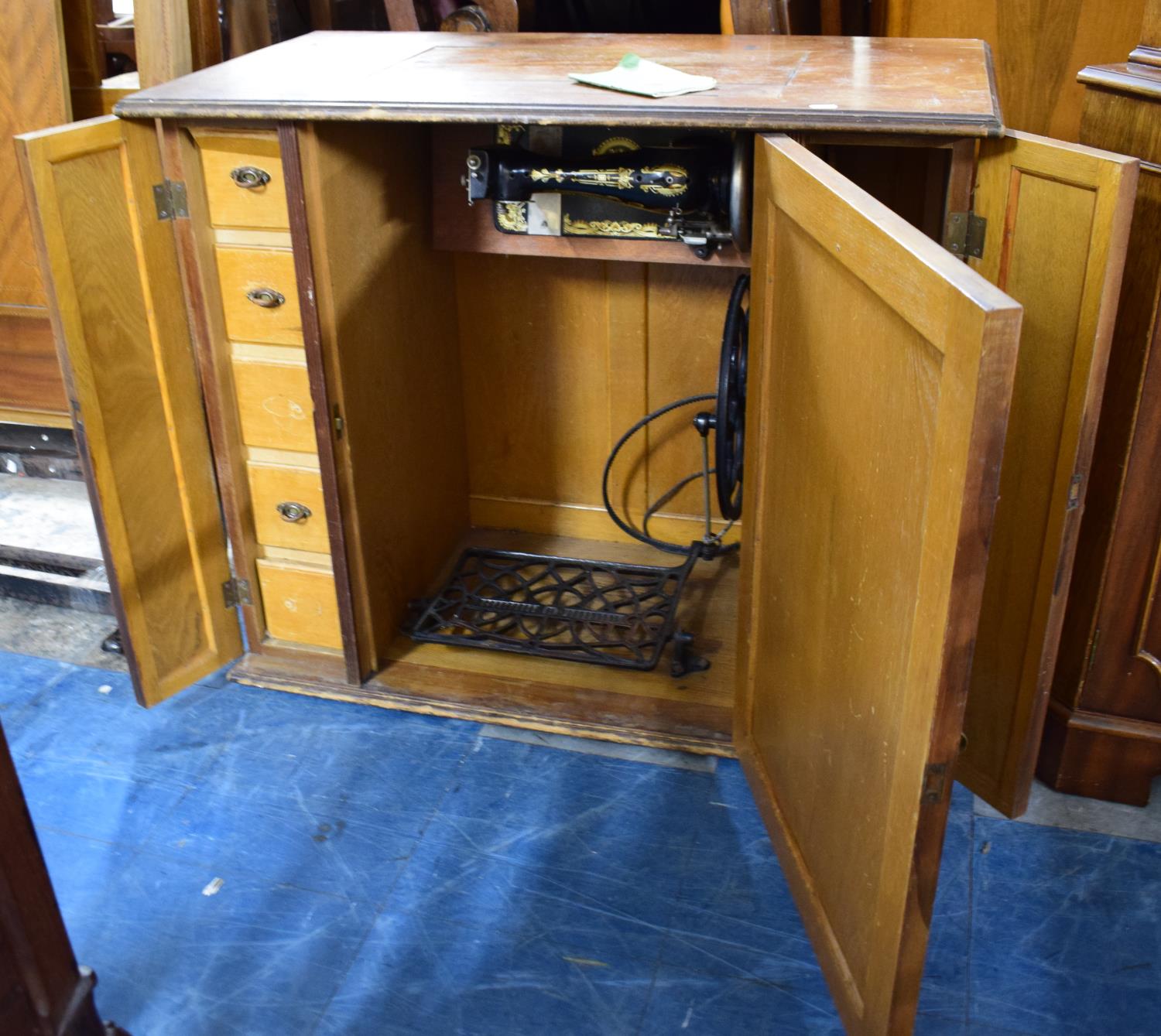 A Cabinet Containing Treadle Frister and Rossmann Sewing Machine, Locked and No Key, 90cm Wide - Image 2 of 3