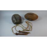 A Vintage Leather Rugby Ball, Skipping Rope and Leather Football