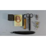 A Small Collection of Curios to Include Ladies Powder Book, Cut Throat Razor, Brooch etc