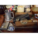 A Tray of Sundries to Include Hip Flasks, RAC Badge, Magnifying Glass, Cribbage Board, Wooden and