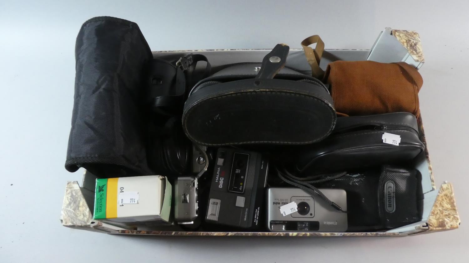 A Box of Photographic Equipment to Include Cameras, Two Pairs of Cased Binoculars etc