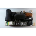 A Box of Photographic Equipment to Include Cameras, Two Pairs of Cased Binoculars etc