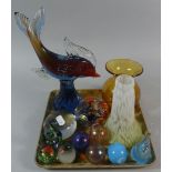 A Small Collection of Coloured Glass to Include Paperweights, Vases, Lamp Shade etc