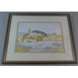 A Framed Water Colour Depicting Harbour Scene with Church