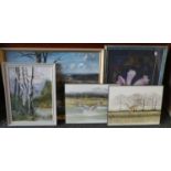 Four Various Prints and an Oil Painting