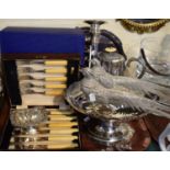 A Tray of Silver Plate to Include Large Pheasant Ornaments, Oval Galleried Fruit Bowl, Fish Knives