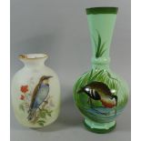 Two Coloured Glass Vases with Painted Bird Decoration