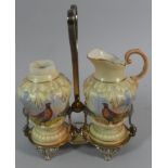 A Locke and Co. Two Part Ceramic Cruet in Silver Plated Stand, Hand Painted with Pheasants, Sugar