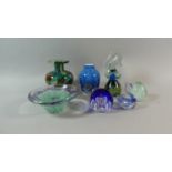 A Tray of Coloured Glassware to Include Paperweights, Bowl, Vases etc