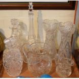 A Tray of Cut Glass to Include Decanters, Vases, Water Jugs etc