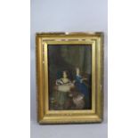 A Large 19th Century Gilt Framed Naive Oil on Copper Depicting Girls Playing Harpsichord and