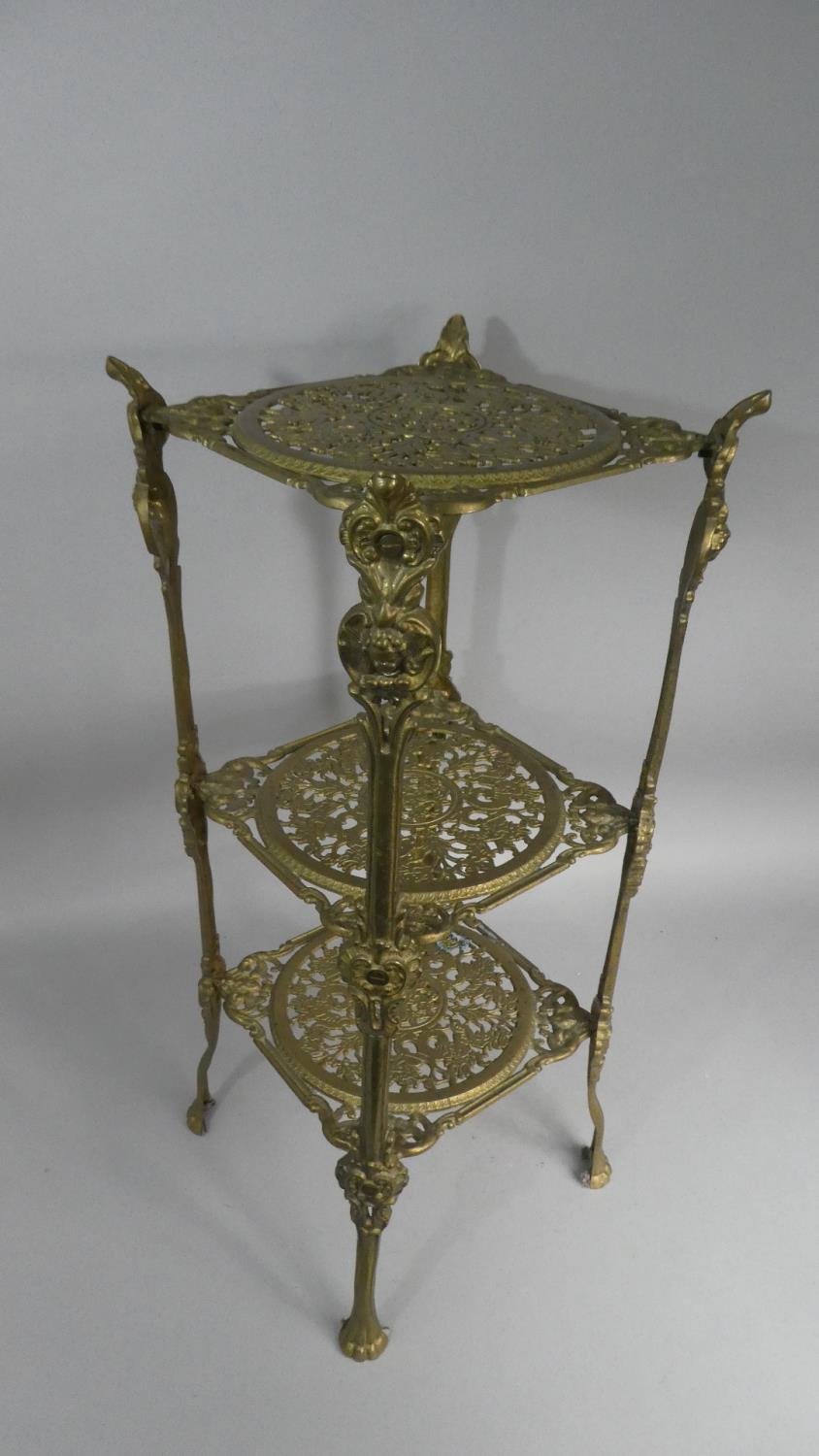 A Mid/Late 20th Century Brass Three Tier Stand with Pierced Shelves, 65cm High - Image 2 of 2