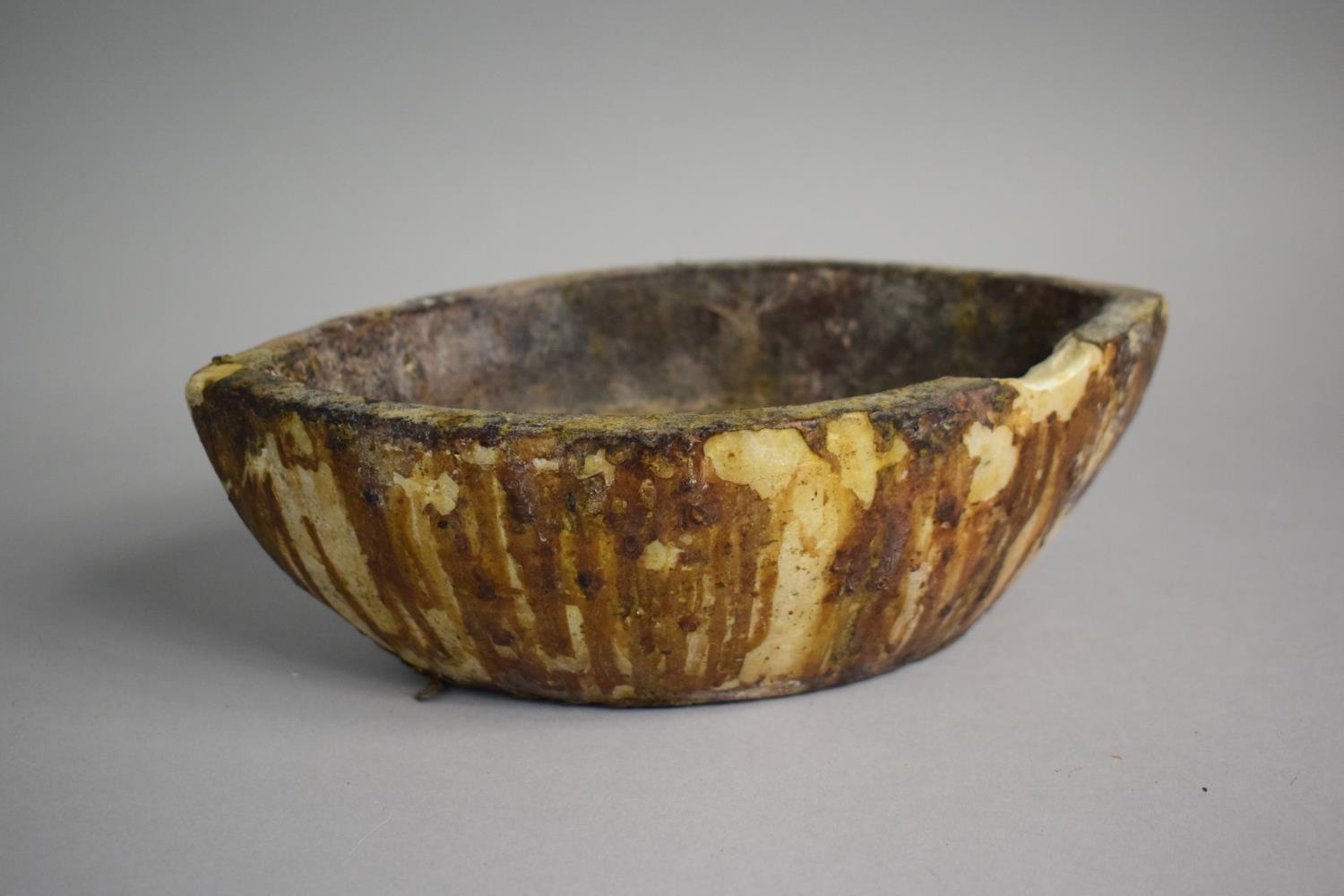 An Unusual Carved Boat Shaped Marble Bowl, Perhaps Glue Pot or Similar. Chip to Rim. 23.5cms Wide