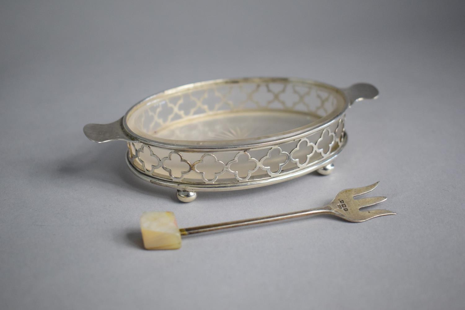 A Silver and Etched Glass Oval Pickle Dish with Two Carrying Handles, 12cms Long with Unrelated