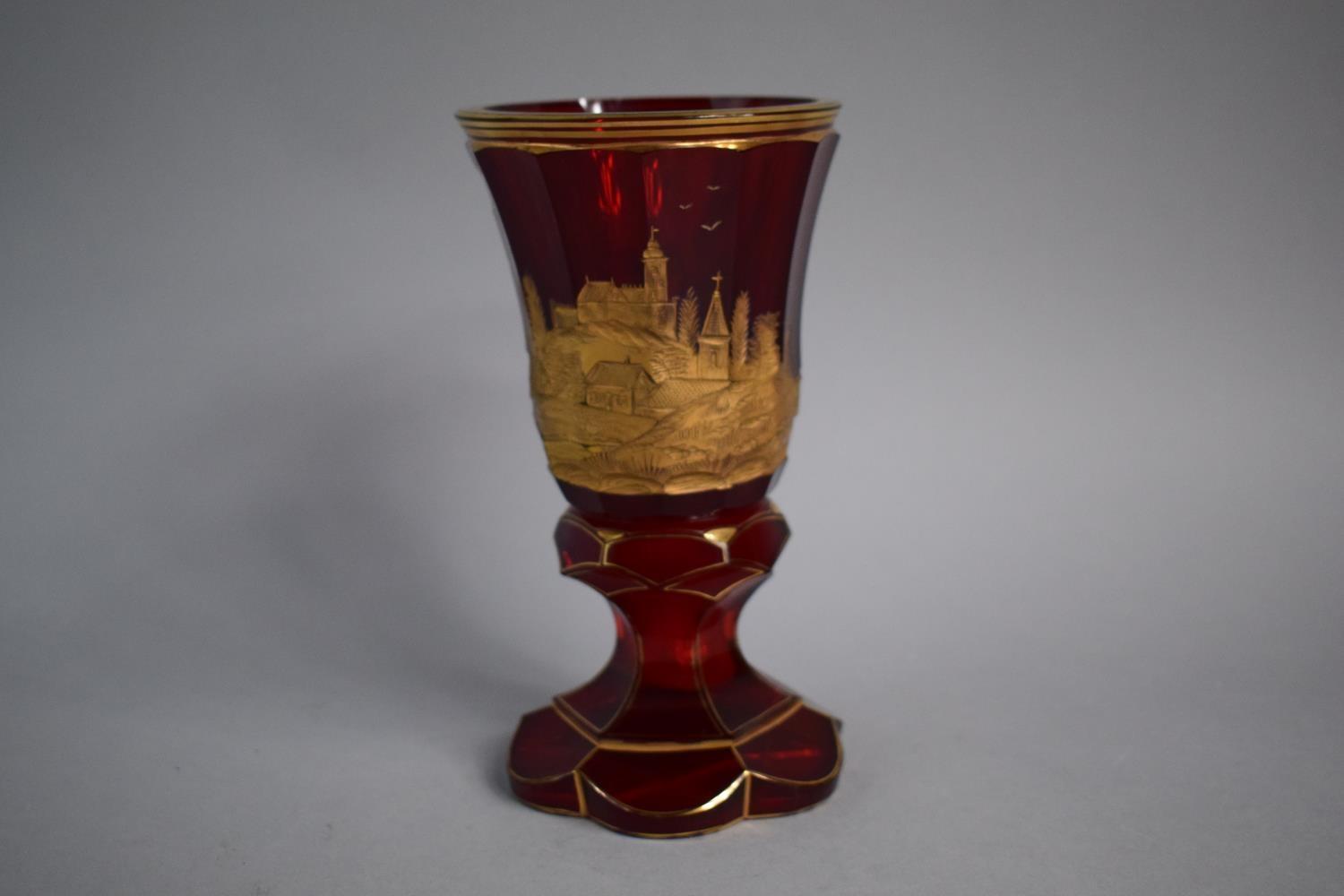 A Good Bohemian Gilt Overlaid Ruby Glass Goblet decorated with Mounted Turkish Soldier Riding Away - Image 3 of 3