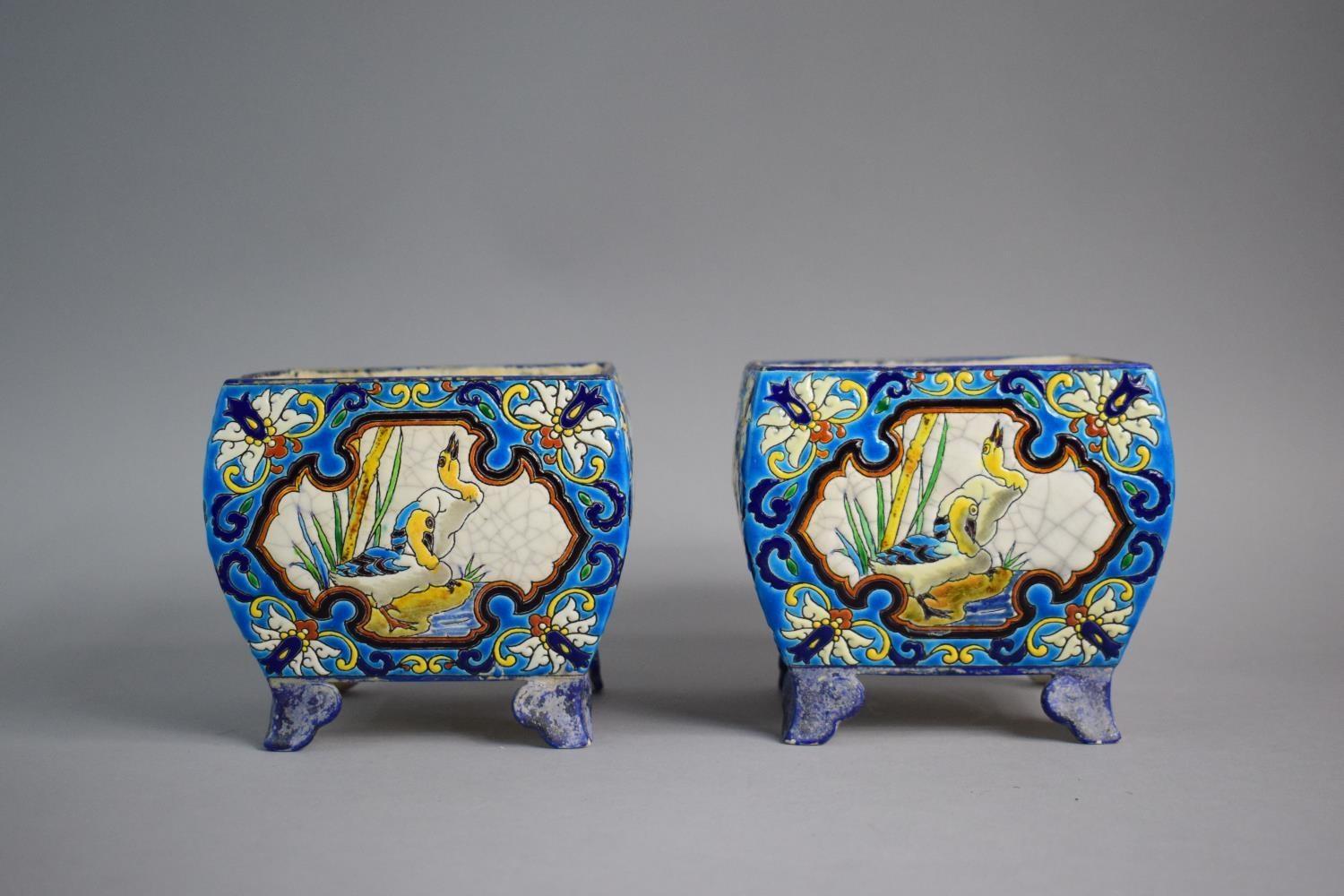 A Pair of French Longwy Faience Vases of Squat Square Form on Four Scrolled Bracket Feet. Usual