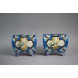 A Pair of French Longwy Faience Vases of Squat Square Form on Four Scrolled Bracket Feet. Usual
