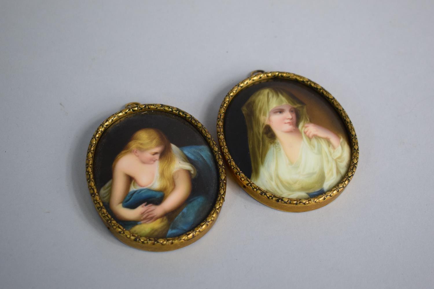 A Pair of 19th Century Framed Continental Oval Portrait Porcelain Miniatures. Magdalena After Batoni - Image 2 of 2