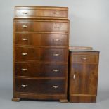 An Art Deco Walnut Bedroom Chest of Six Drawers together with a Matching Bedside Cupboard with Top