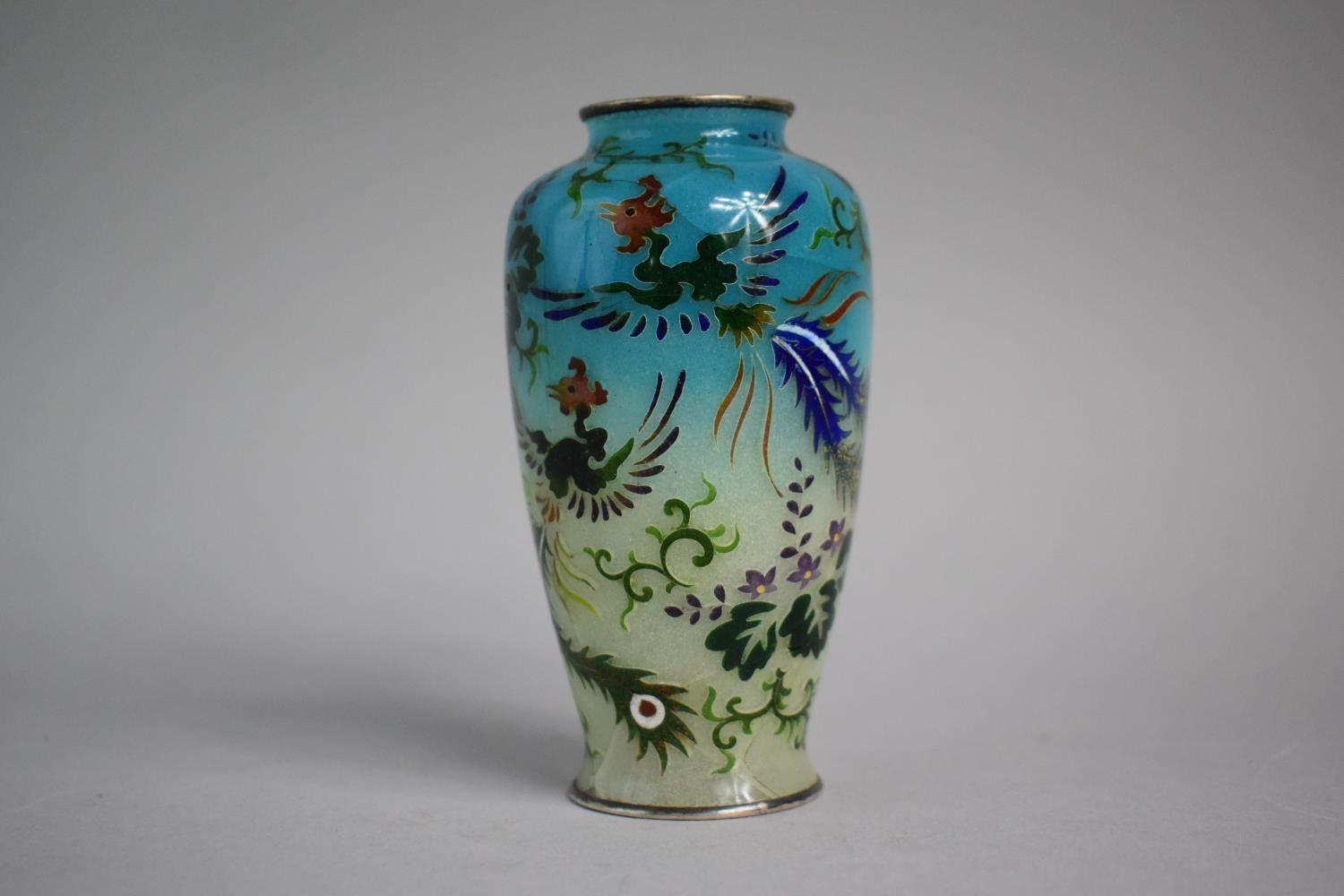 A Small Plique A Jour Enamel Vase decorated with Ho-Ho Birds in Flight. The Base marked For Kumeno