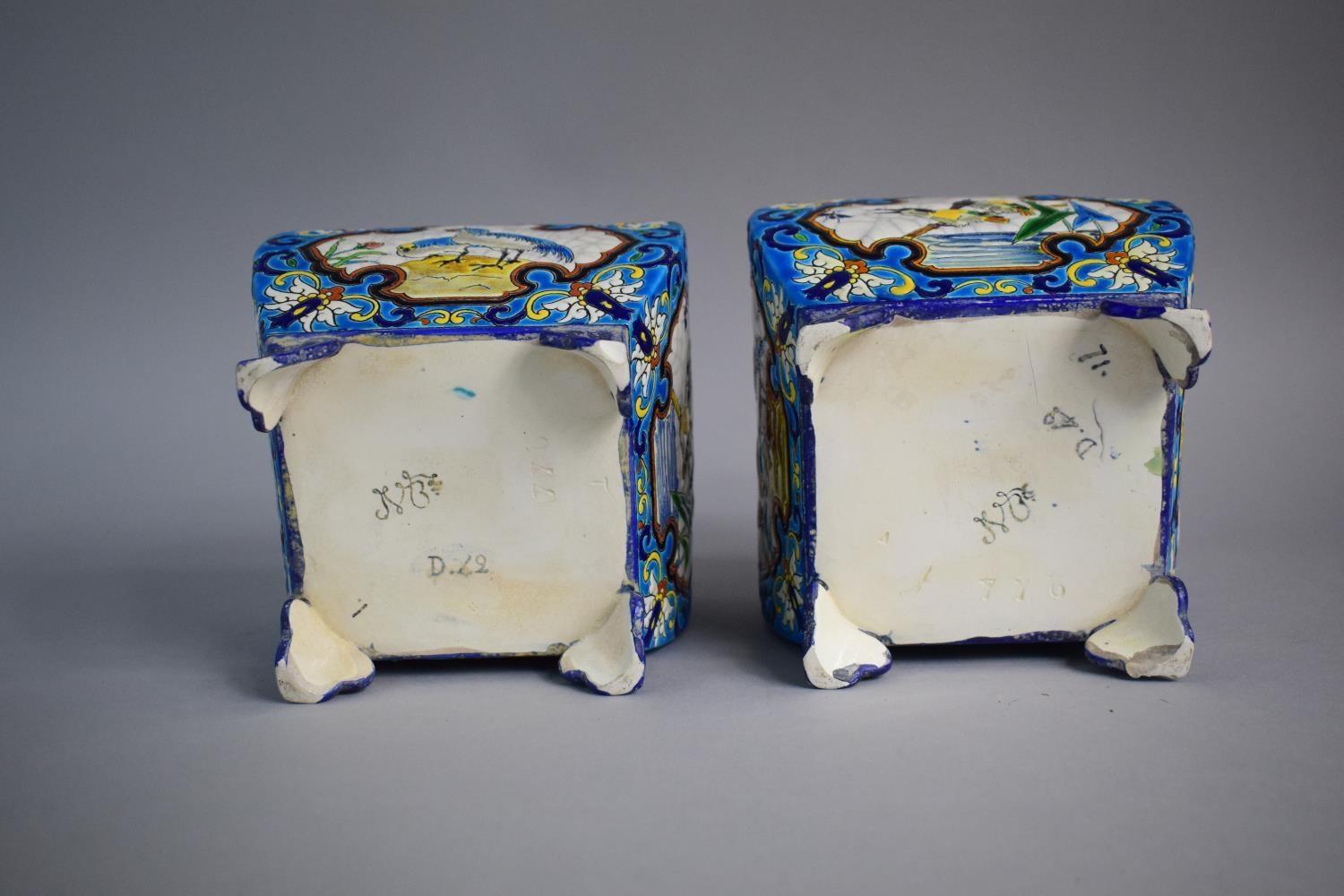 A Pair of French Longwy Faience Vases of Squat Square Form on Four Scrolled Bracket Feet. Usual - Image 7 of 7