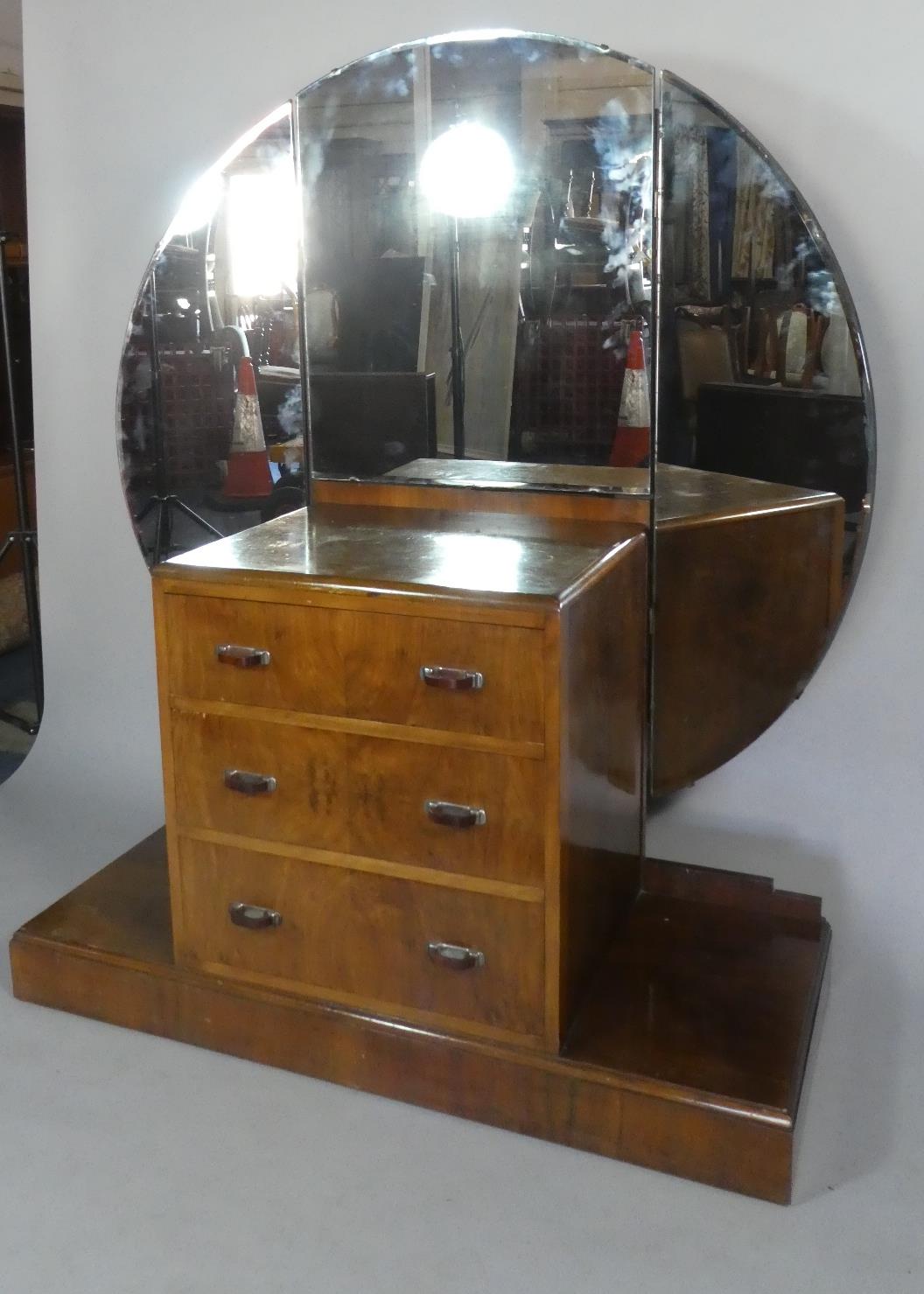 An Art Deco Bedroom Dressing Chest with Three Centre Drawers and Plinth Base, Three Section Circular - Image 2 of 4