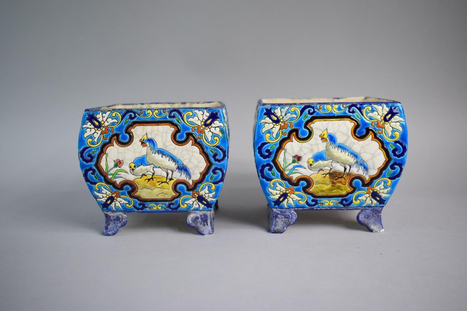 A Pair of French Longwy Faience Vases of Squat Square Form on Four Scrolled Bracket Feet. Usual - Image 3 of 7