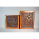 Two Good Quality Oak Framed Continental Carved Walnut Panels Depicting Huntsman with Crossbow