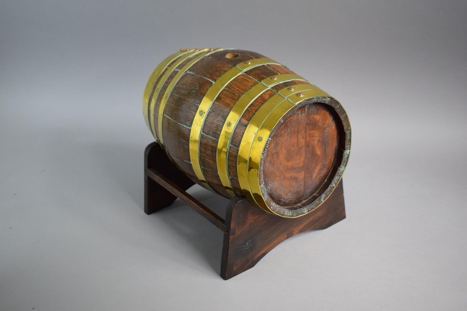 A Late 19th Century Brass Banded Oak Spirit Barrel on Stand. 28.5cms Long. Complete with Tap - Image 4 of 4