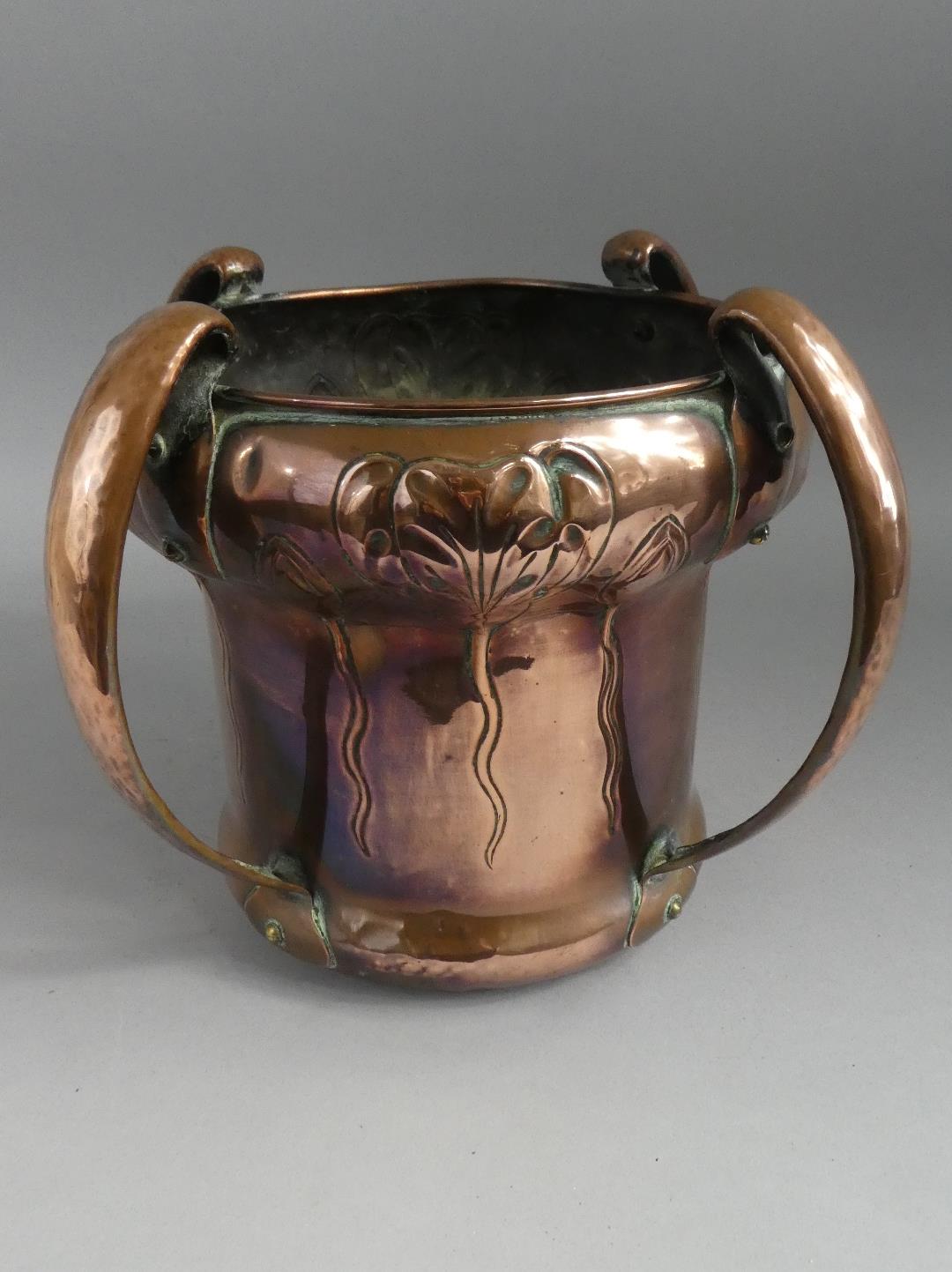 A William Soutter and Sons Arts and Crafts/Art Nouveau Hand Beaten Copper Planter with Four Stylised - Image 2 of 8