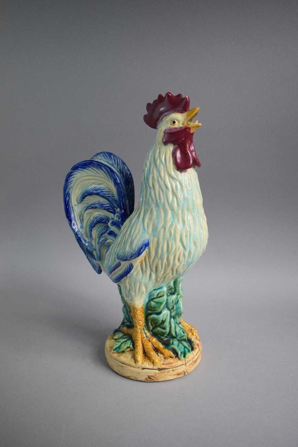 A Continental Majolica Rooster or Cockerel with Open Beak, 36.5cm high