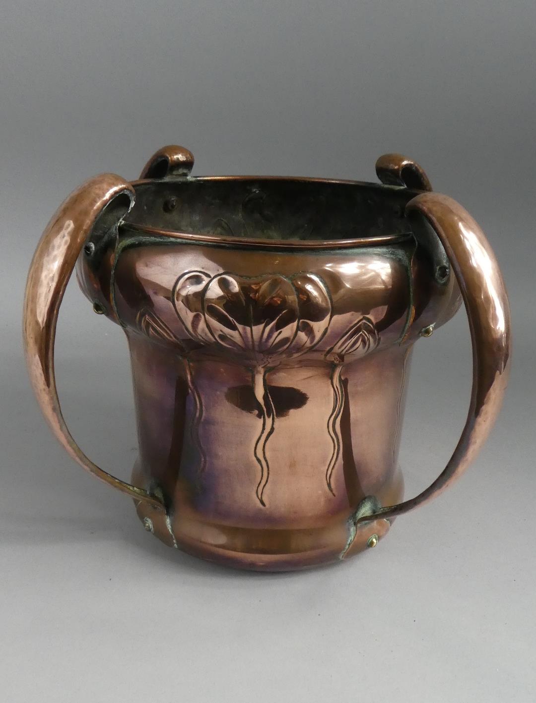 A William Soutter and Sons Arts and Crafts/Art Nouveau Hand Beaten Copper Planter with Four Stylised - Image 4 of 8