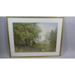 A Large Framed Watercolour Depicting Wooden Valley Landscape with Sheep and Cattle. Signed W. Eyre-