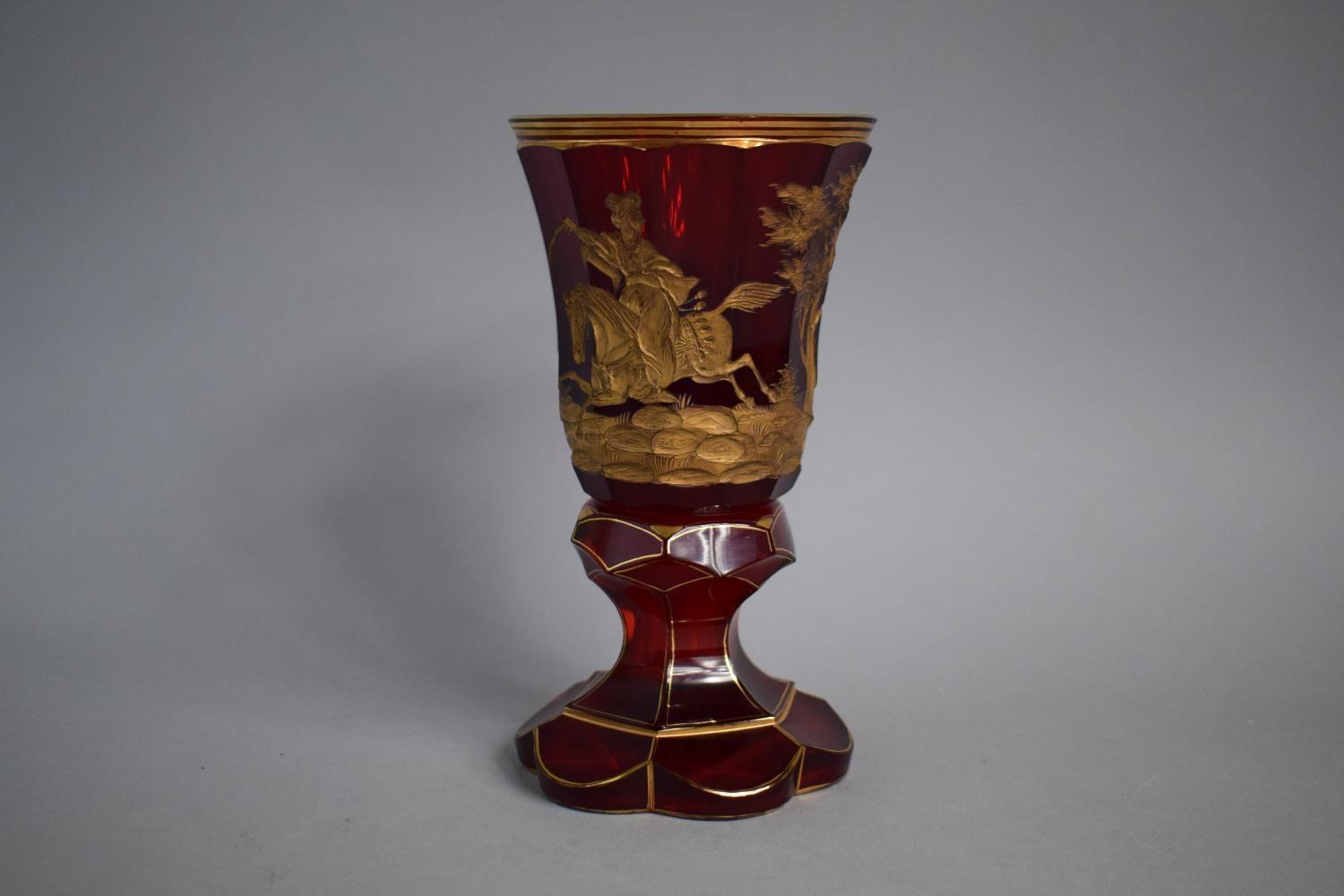 A Good Bohemian Gilt Overlaid Ruby Glass Goblet decorated with Mounted Turkish Soldier Riding Away - Image 2 of 3