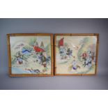 A Pair of Bamboo Framed Chinese Watercolours Depicting Battle Scenes. 40cm Square