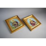 A Pair of Framed Silk Embroideries of St Stephanus and St Laurentius. Each 20x17.5cms High