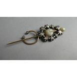 A Late Georgian/Early Victorian Gold Metal, Baroque Pearl and Diamond Mounted Pin. 9 Rough Cut