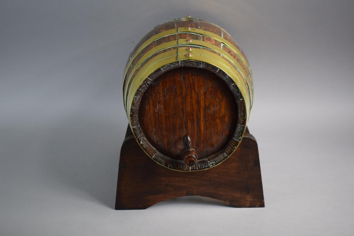 A Late 19th Century Brass Banded Oak Spirit Barrel on Stand. 28.5cms Long. Complete with Tap - Image 2 of 4