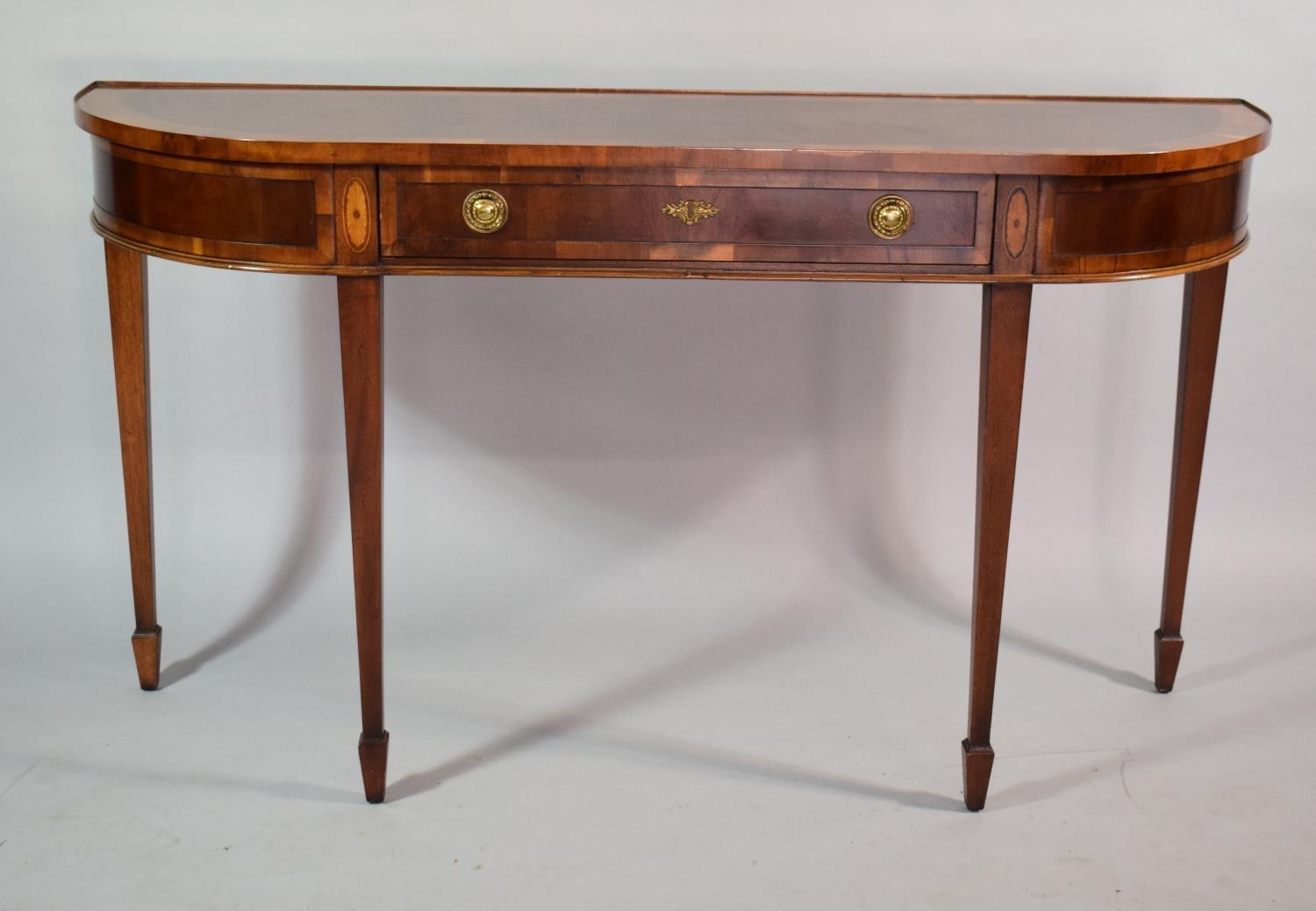 A Reproduction Inlaid Mahogany Bowfront Table set on Square Tapering Legs with Central Long - Image 2 of 5