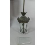 A Vintage Gothic Style Brass Hall Ceiling Lantern with Pierced Castellated Decoration, 115cm High