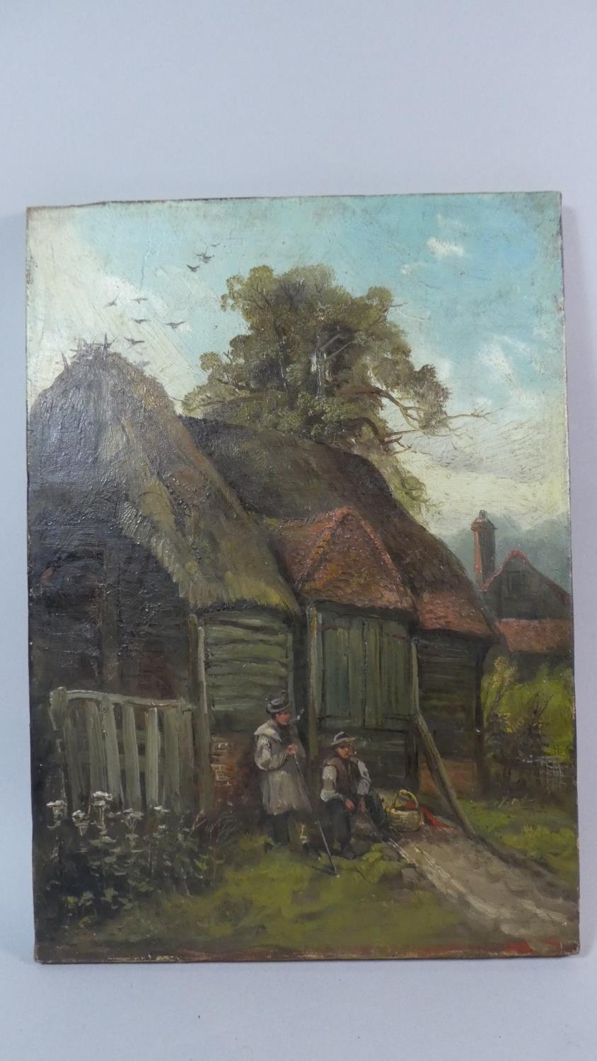 A 19th Century Naive School Oil Painting on Canvas of Two Resting Farm Workers in Front of a