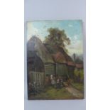 A 19th Century Naive School Oil Painting on Canvas of Two Resting Farm Workers in Front of a