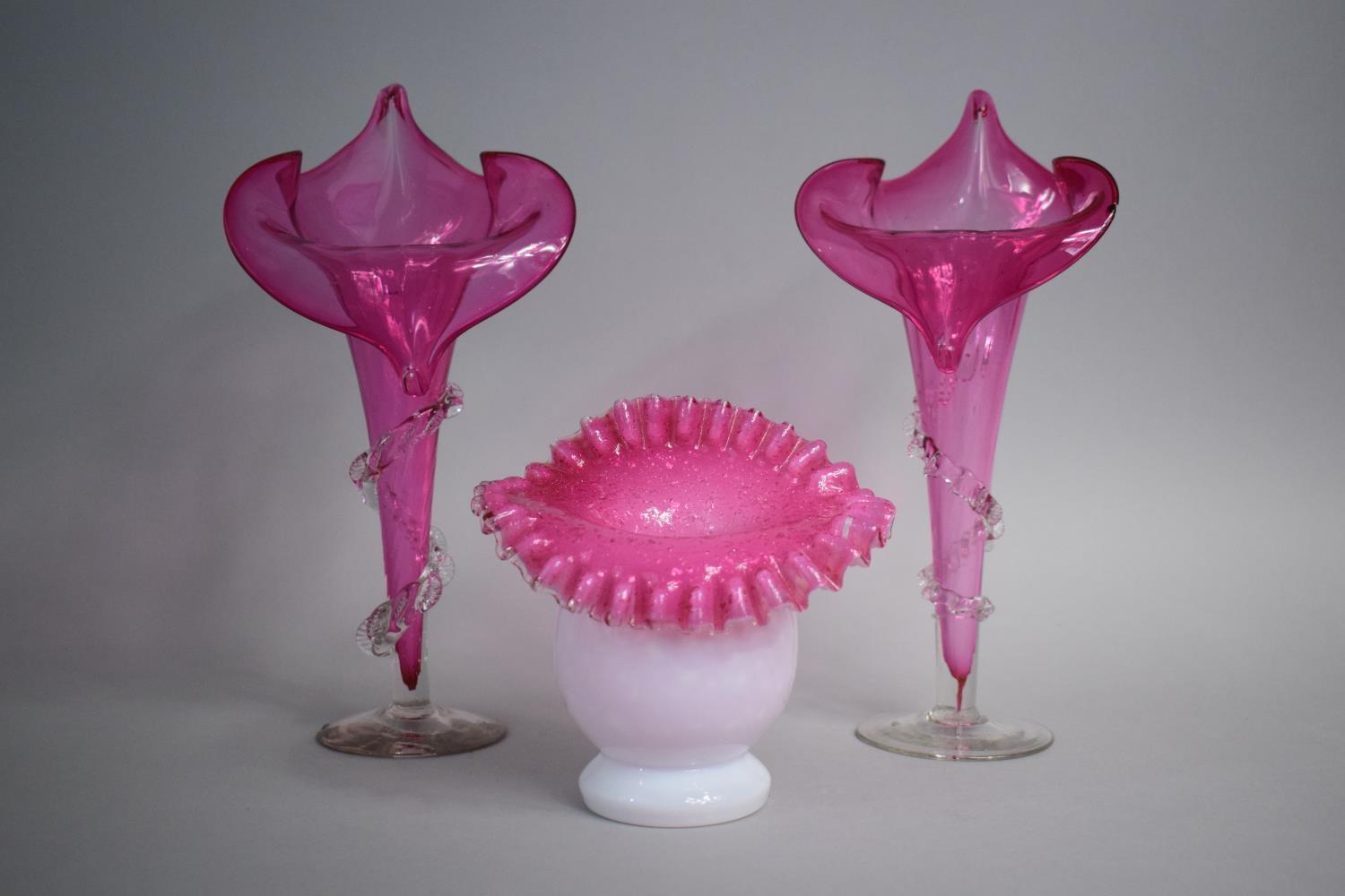 Three Victorian Cranberry Glass Jack in the Pulpit Vases, Pair 26cm High