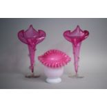 Three Victorian Cranberry Glass Jack in the Pulpit Vases, Pair 26cm High